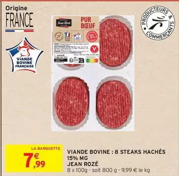 Jean Rozé - Viande Bovine : 8 Steaks Hachés 15% MG en promo