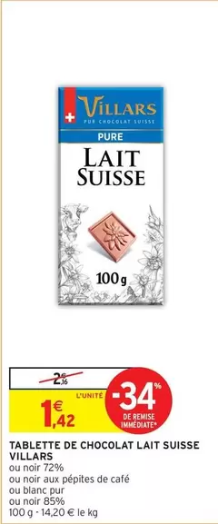 Villars - Tablette De Chocolat Lait Suisse