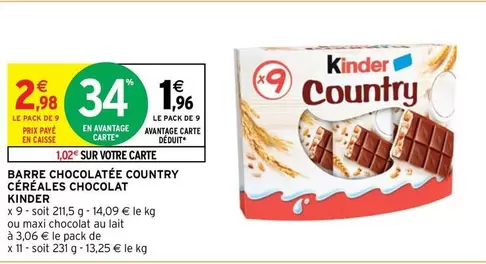 Kinder : Barre Chocolaté Country Céréales Chocolat - Délicieuse combinaison de chocolat et céréales