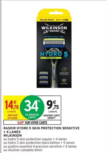 Wilkinson Rasoir Hydro 5 Skin Protection Sensitive avec 4 Lames - Confort optimal pour peaux sensibles