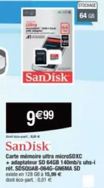 SanDisk - Carte Mémoire Ultra Microsdxc + Adaptateur Sq Gabb offre à 9,99€ sur Cora