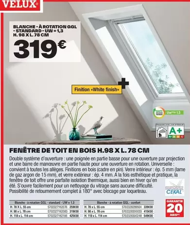 velux - Feinêtre De Toit En Bois H.98 Xl. 78 Cm