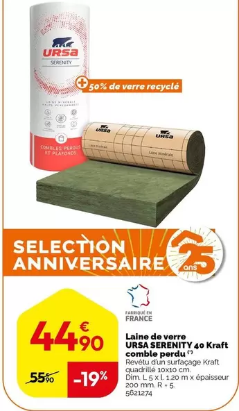 Ursa Serenity - Laine de Verre 40 Kraft pour Comble Perdu - Isolation Efficace en Promotion