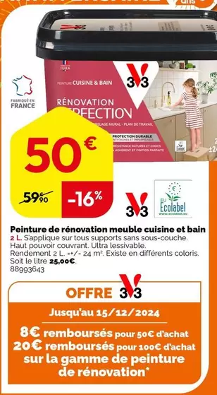 Peinture 3v3 pour Rénovation de Meubles de Cuisine et de Bain - Idéale pour une Transformation Éclatante