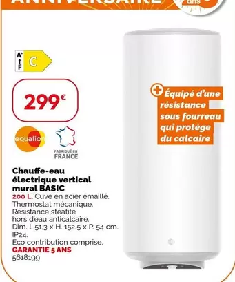 Chauffe-eau Électrique Vertical Mural Basic - Idéal pour un chauffage efficace avec une promo exceptionnelle!