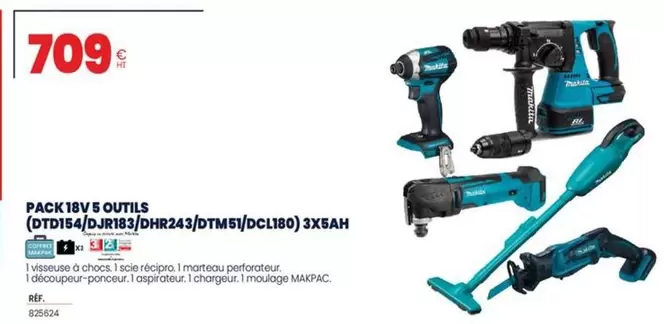 Makita - Pack 18V 5 Outils (DTD154/DJR183/DHR243/DTM51/DCL180) 3X5AH offre à 709€ sur Au Forum du Bâtiment