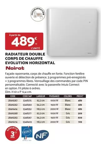 Noirot Radiateur Double Corps De Chauffe Evolution Horizontal - Efficacité et Design pour un Confort Optimal