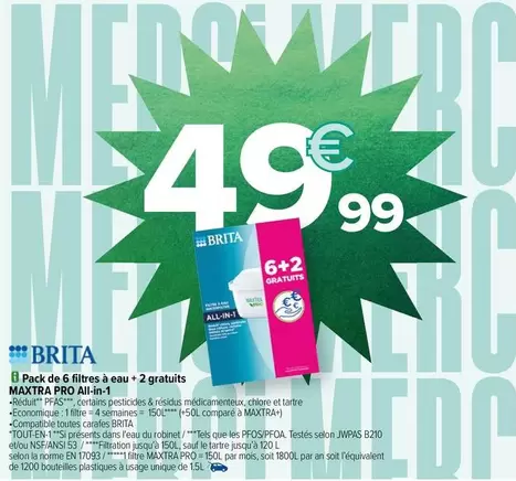 Brita Pack de 6 Tires à Eau + 2 Gratuits Maxtra Pro All-in-1 - Promo et Caractéristiques Incluses