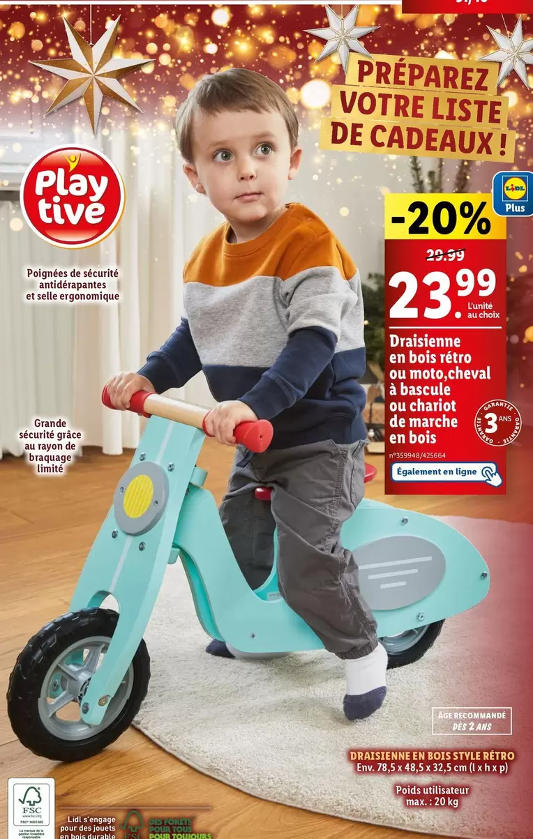 Playtive Draisienne En Bois Rétro et Chariot De Marche En Bois - Idéal pour le développement moteur des enfants