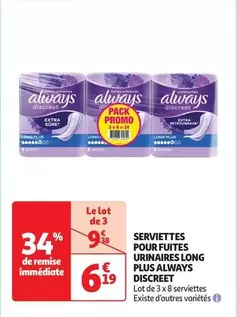 Always - Serviettes Longues Discrètes pour Fuites Urinaires avec Promo Spéciale