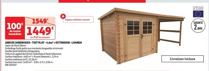 Abri de Jardin Bois-Toit Plat 4,6m² avec Extension Loanda - Promo Spéciale!