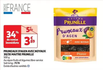 Maitre Prunille - Pruneaux d'Agen avec Noyaux 30/35 - Promo : Pruneaux de qualité supérieure