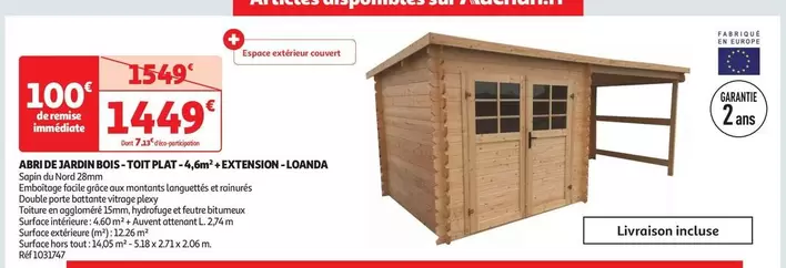 Abri de jardin en bois Loanda 4,6m² avec extension et toit plat - Promotion spéciale !