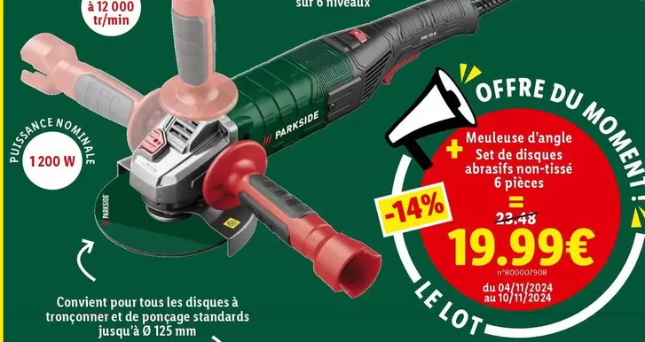 parkside - meuleuse d'angle avec set de disques abrasifs non tissé - performance et polyvalence