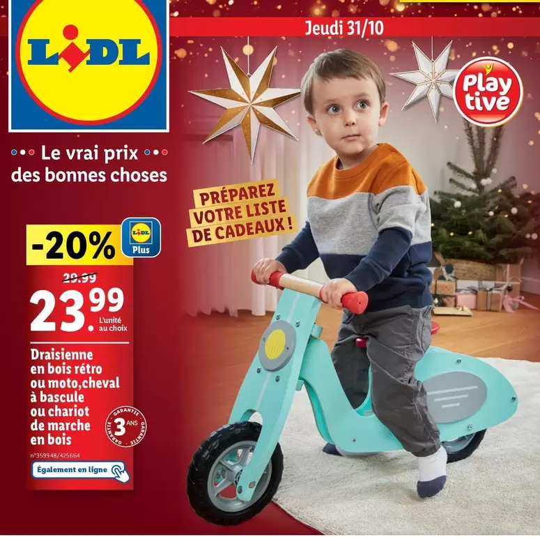 Lidl - Draisienne en Bois Rétro, Moto Cheval à Bascule et Chariot de Marche en Promotion