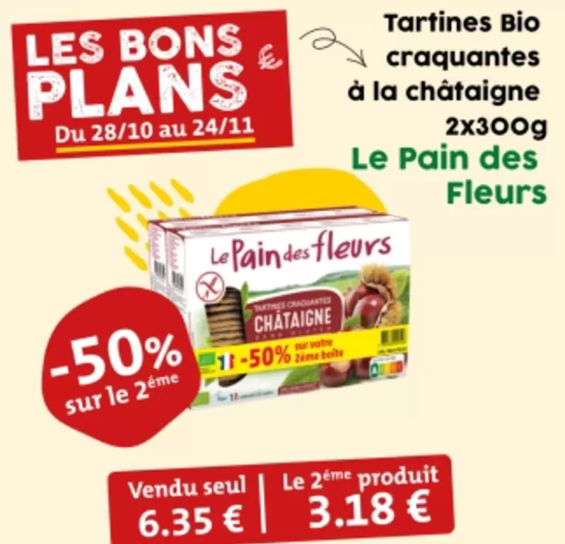 Le Pain Des Fleurs - Tartines Bio Craquantes À La Châtaigne 2x300g : Une délicieuse option bio pour vos encas !