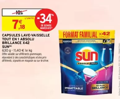 Sun - Capsules Lave-vaisselle Tout En 1 Absolu Brillance X42 - Promo: Tout En 1, Brillance Absolue, 42 capsules