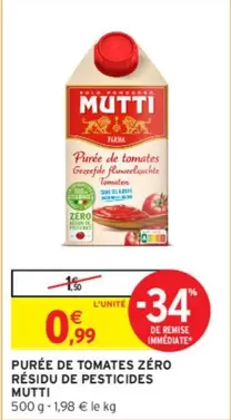 Mutti - Purée De Tomates Zéro Résidu De Pesticides offre à 0,99€ sur Intermarché Contact