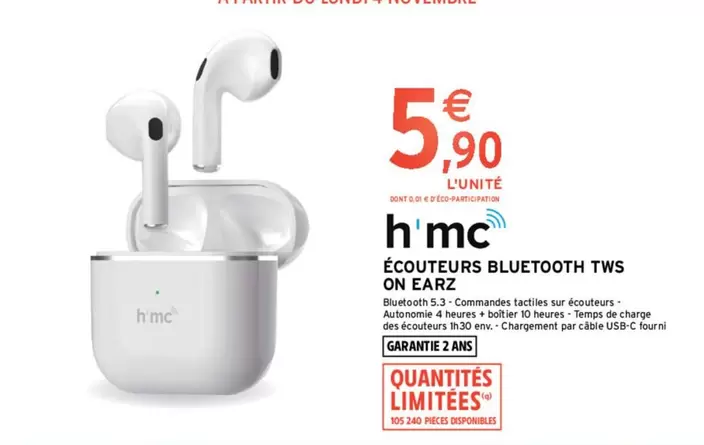 h mc - écouteurs bluetooth tws on earz