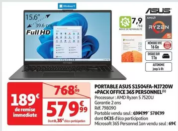 Asus S1504FA-NJ720W - Portable avec Pack Office 365 Personnel Inclus