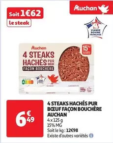 Auchan - 4 Steaks Hachés Pur Bœuf Façon Bouchère : Qualité bouchère pour des repas savoureux