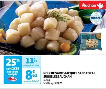 Auchan - Noix de Saint-Jacques Surgelées : Savourez la mer sans corail, qualité et fraîcheur garanties.