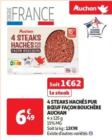 Auchan - 4 Steaks Hachés Pur Boeuf Façon Bouchère - Promotion sur des steaks de qualité bouchère