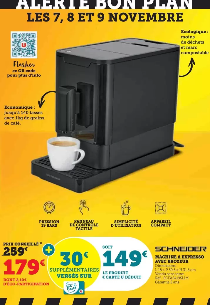 Schneider - Machine A Expresso Avec Broyeur offre à 179€ sur Hyper U