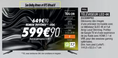 TCL - Téléviseur Led 4k 65c69ppro offre à 599,9€ sur Blanc Brun