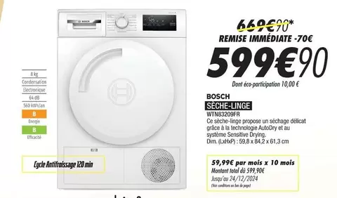 Bosch - Sèche-linge Vintre32cbpfr offre à 599,9€ sur Blanc Brun