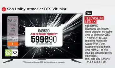 TCL - Téléviseur Led 4k 65c69bpn0 offre à 599,9€ sur Extra