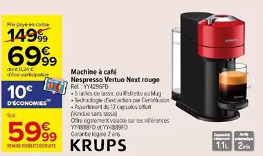 Krups Nespresso Vertuo Next Rouge Rét Y1496DT - Machine à café avec design élégant et technologie innovante