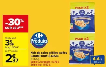 Carrefour - Noix de Cajou Grillées Salées Classic : Savourez ces délicieuses noix de cajou idéales pour vos apéritifs !