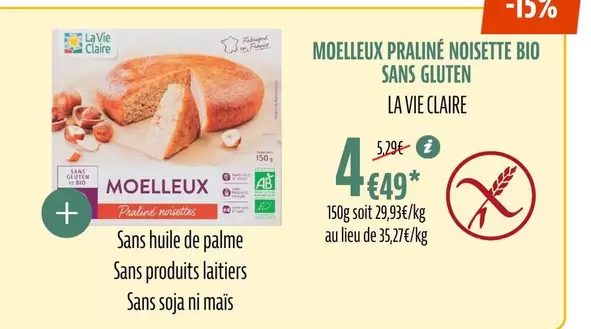 La vie claire - Moelleux Praliné Noisette Bio Sans Gluten offre à 4,49€ sur La Vie Claire