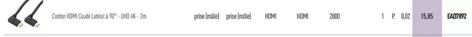 Erard - Cordon HDMI Coudé Latéral À 90°-UHD 4K-2M offre à 15,85€ sur Rexel