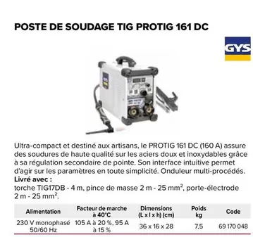 Gys - Poste De Soudage Tig Protig 161 Dc offre sur Prolians