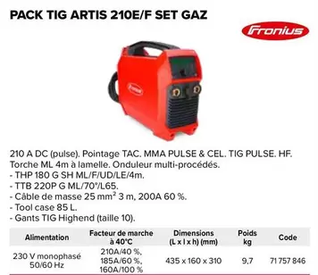 Artis - Pack Tig  210e/f Set Gaz offre sur Prolians