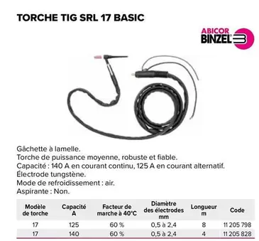 Torche Tig SrL 17 Basic offre sur Prolians