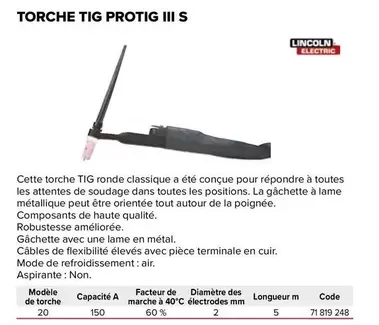 Lincoln - Torche Tig Protig Iii S offre sur Prolians