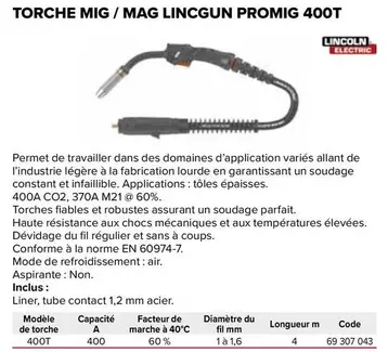 Incolm - Torche Mig/Mag Lincgun Pronig offre sur Prolians