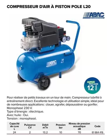 Compresseur D'air A Piston Pole L20 offre sur Prolians