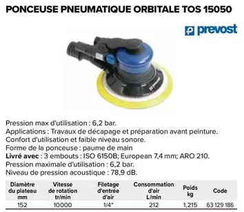 Prevost - Ponceuse Pneumatique Orbitale 105 15050 offre sur Prolians