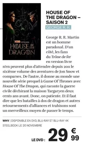 WHV - Housse Of The Dragon-Saison 2 offre à 29,99€ sur Carrefour City