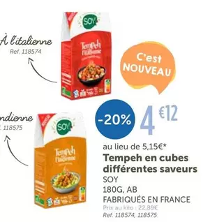 Soy - Tempeh En Cubes Differentes Saveurs offre à 4,12€ sur L'Eau Vive