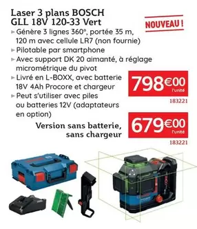 Bosch - Laser 3 Plans GLL 18V 120-33 Vert offre à 679€ sur Quéguiner