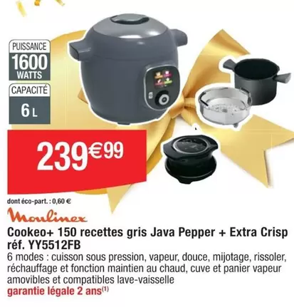 Moulinex - Cookeo+ 150 Recettes Gris Java Pepper + Extra Crisp Yy5512fb offre à 239,99€ sur Cora