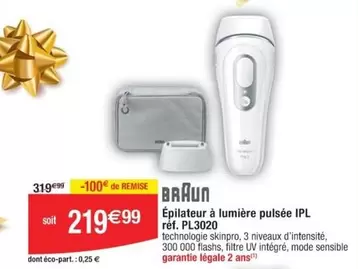 Braun - Epilateur À Lumière Pulsée Ipl Pl3020 offre à 219,99€ sur Cora