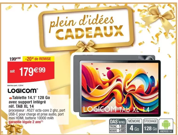 Logicom - Tablette 14-1 128 Go Avec Support Intgré offre à 179,99€ sur Cora