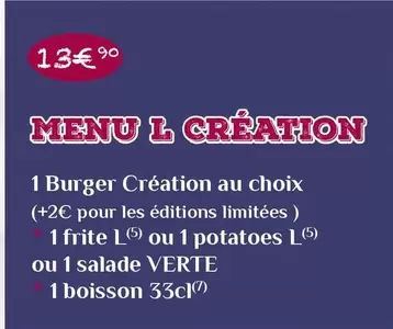 Menu L Création offre à 13,9€ sur Mythic Burger