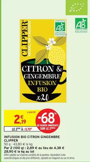 Clipper - Infusion Bio Citron Gingembre offre à 2,19€ sur Intermarché Express